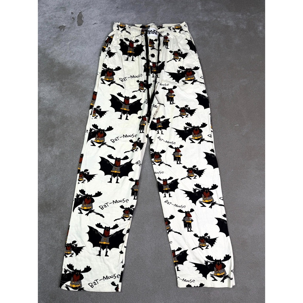Lazy One Bat-Moose Pajama Pants Unisex Small White Graphic Cotton Straight Leg
